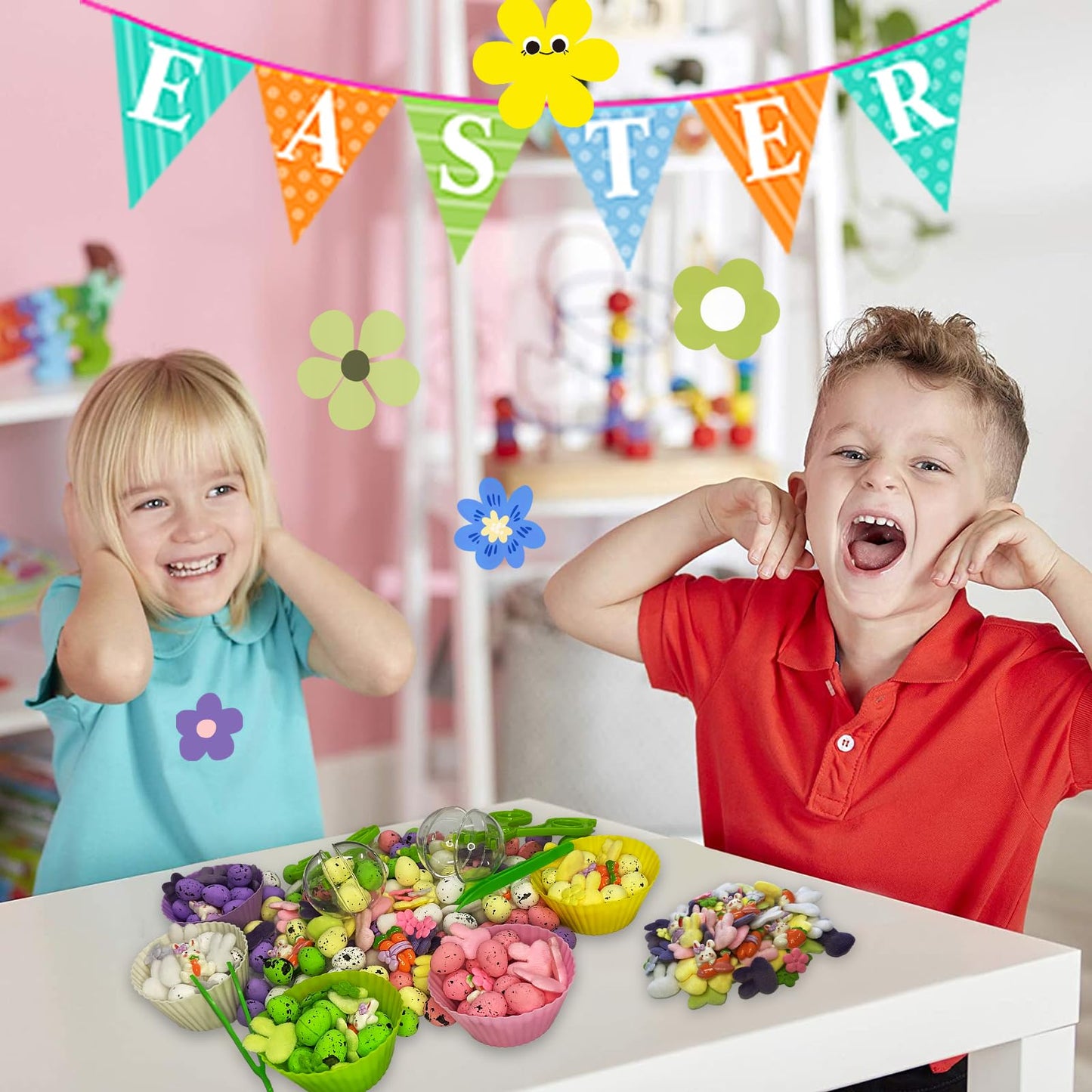Unvola 226pcs Easter Sensory Bin Filler – Fine Motor Toys, 100 Foam Eggs, 50 Felt Easter Flowers, 50 Felt Bunnies