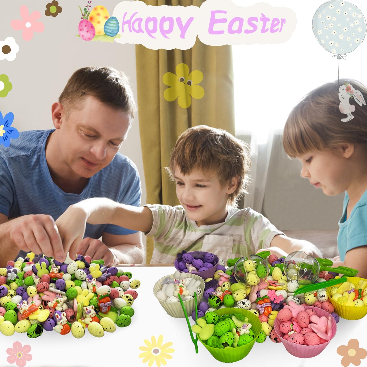 Unvola 226pcs Easter Sensory Bin Filler – Fine Motor Toys, 100 Foam Eggs, 50 Felt Easter Flowers, 50 Felt Bunnies