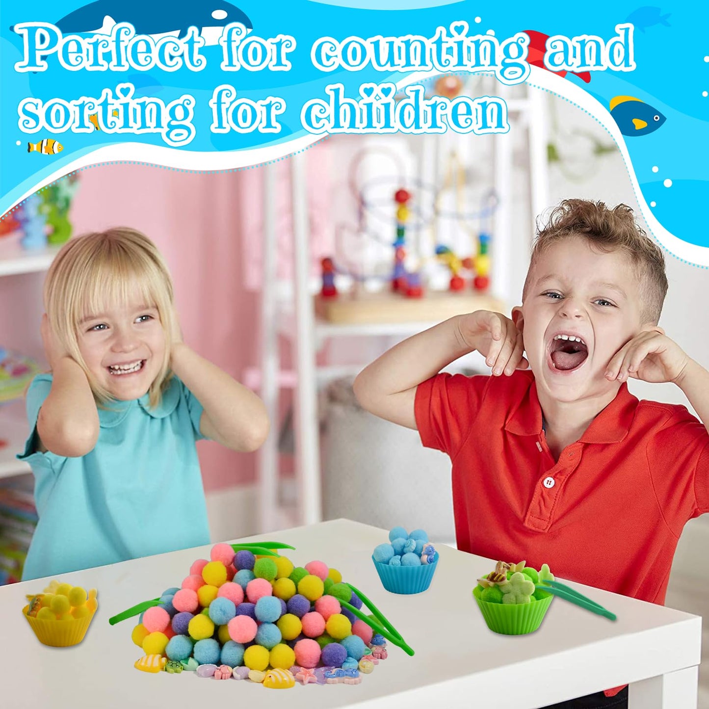 Unvola 185pcs Summer Ocean Sensory Bin – Fine Motor Toys for Preschool Sorting & Counting