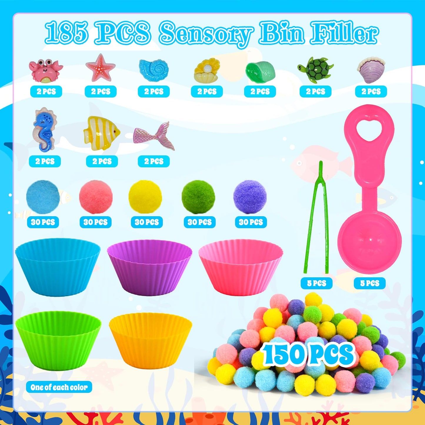Unvola 185pcs Summer Ocean Sensory Bin – Fine Motor Toys for Preschool Sorting & Counting