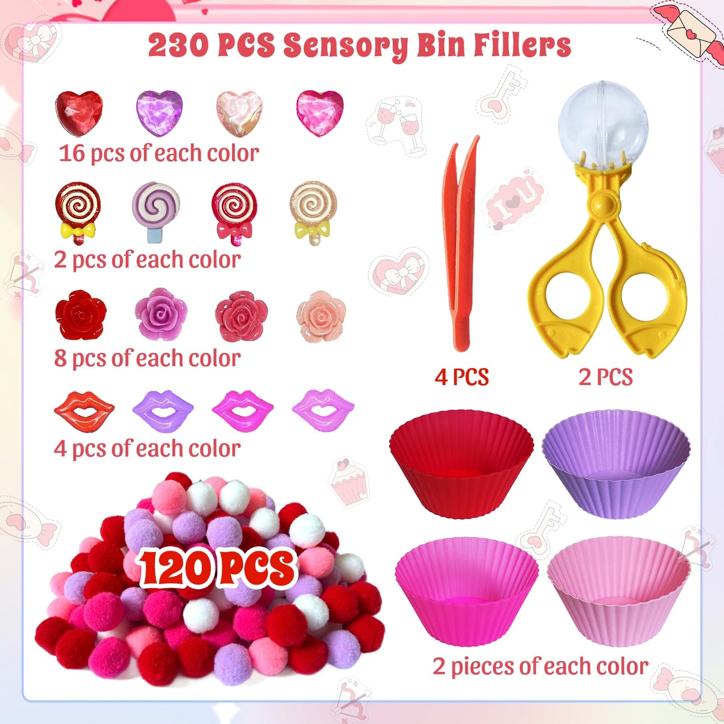 Unvola 230Pcs Valentines Day Sensory Bin Filler – Fine Motor & Sorting Toys
