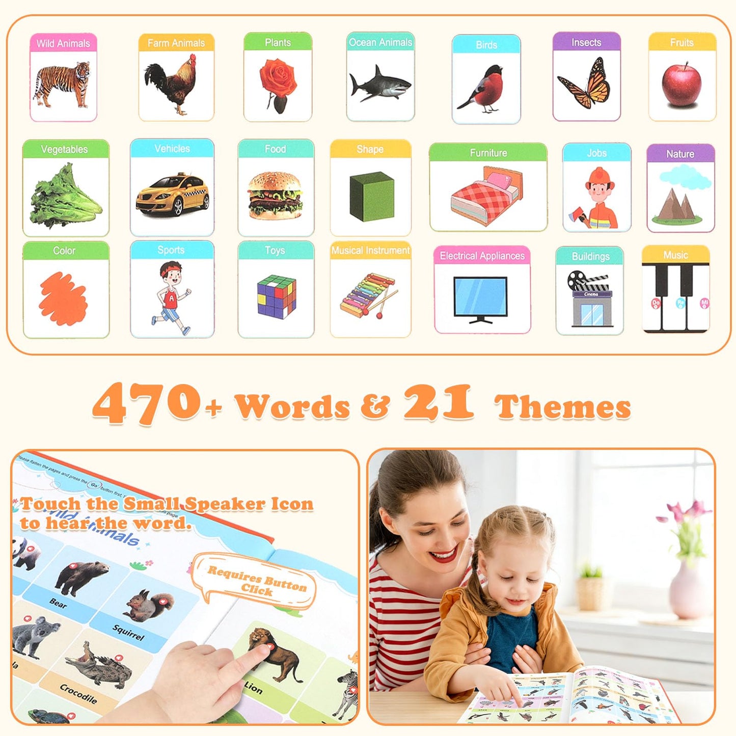 UOBODER My First English Words Sound Book for Kids 3-6 | 470+ Words, 21 Themes, Screen-Free Educational Fun