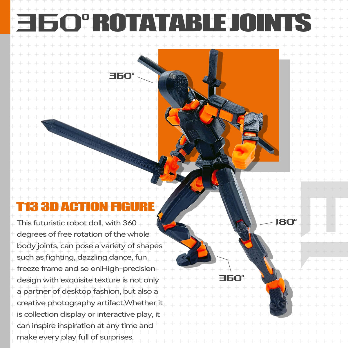 Uodofy T13 3D Action Figure Set – Assembly-Completed Multi-Jointed Robo Titan 13 (Black & Orange)