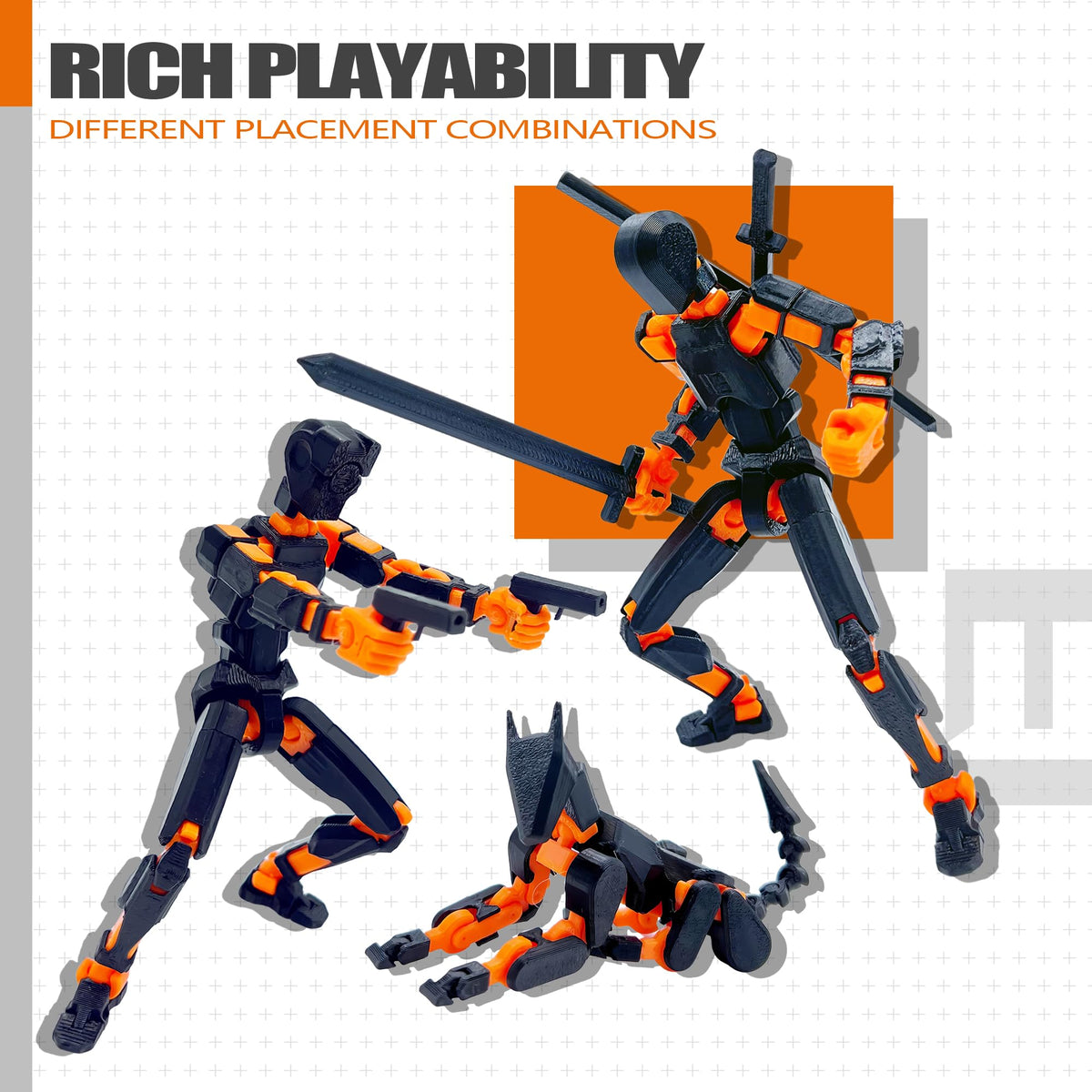Uodofy T13 3D Action Figure Set – Assembly-Completed Multi-Jointed Robo Titan 13 (Black & Orange)