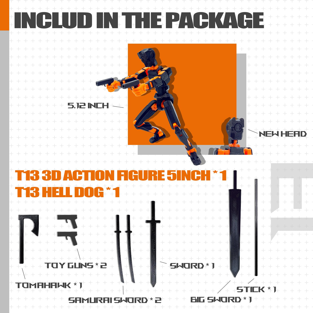 Uodofy T13 3D Action Figure Set – Assembly-Completed Multi-Jointed Robo Titan 13 (Black & Orange)