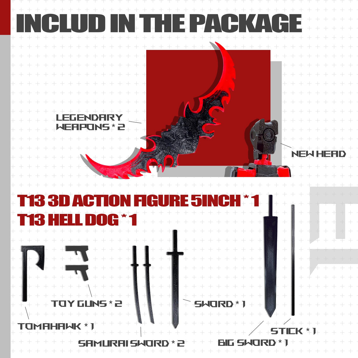 Uodofy T13 3D Action Figure Set – Fully Assembled, Multi-Jointed Titan 13 Figures (Black Red + Dog)