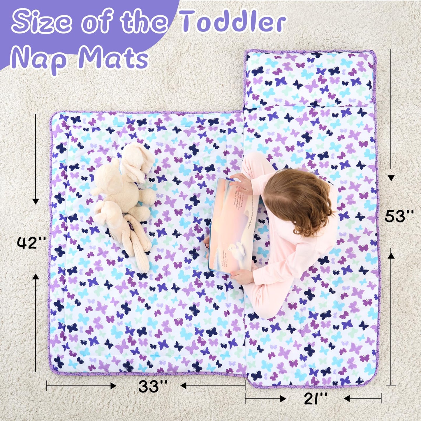 UOMNY Toddler Nap Mat for Girls – Butterfly Purple Nap Mat with Removable Pillow & Blanket, Preschool Daycare 53x21 Inch