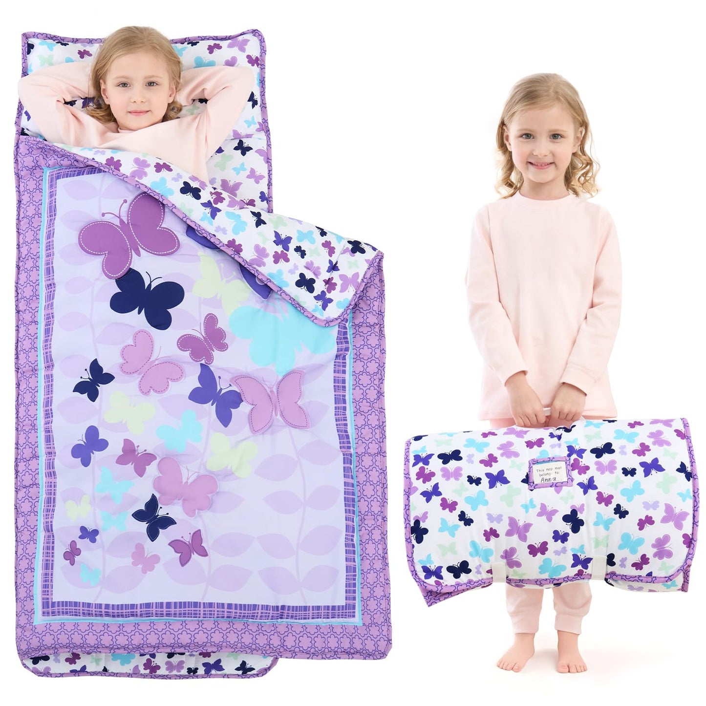 UOMNY Toddler Nap Mat for Girls – Butterfly Purple Nap Mat with Removable Pillow & Blanket, Preschool Daycare 53x21 Inch