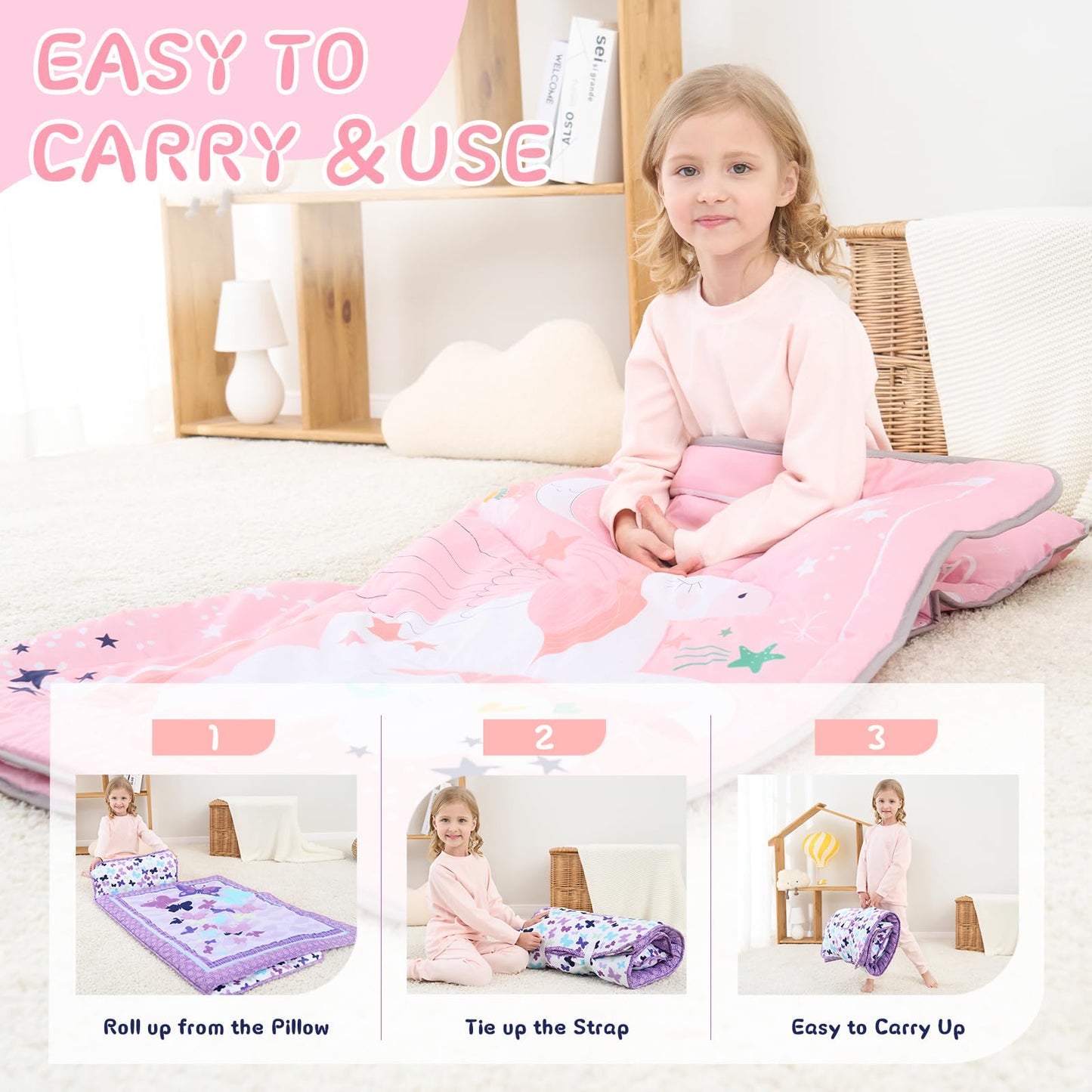 UOMNY Toddler Nap Mat – Unicorn Pink Nap Sack with Removable Pillow, 53x21 in, Plush Kids Preschool Sleeping Bag for Daycare