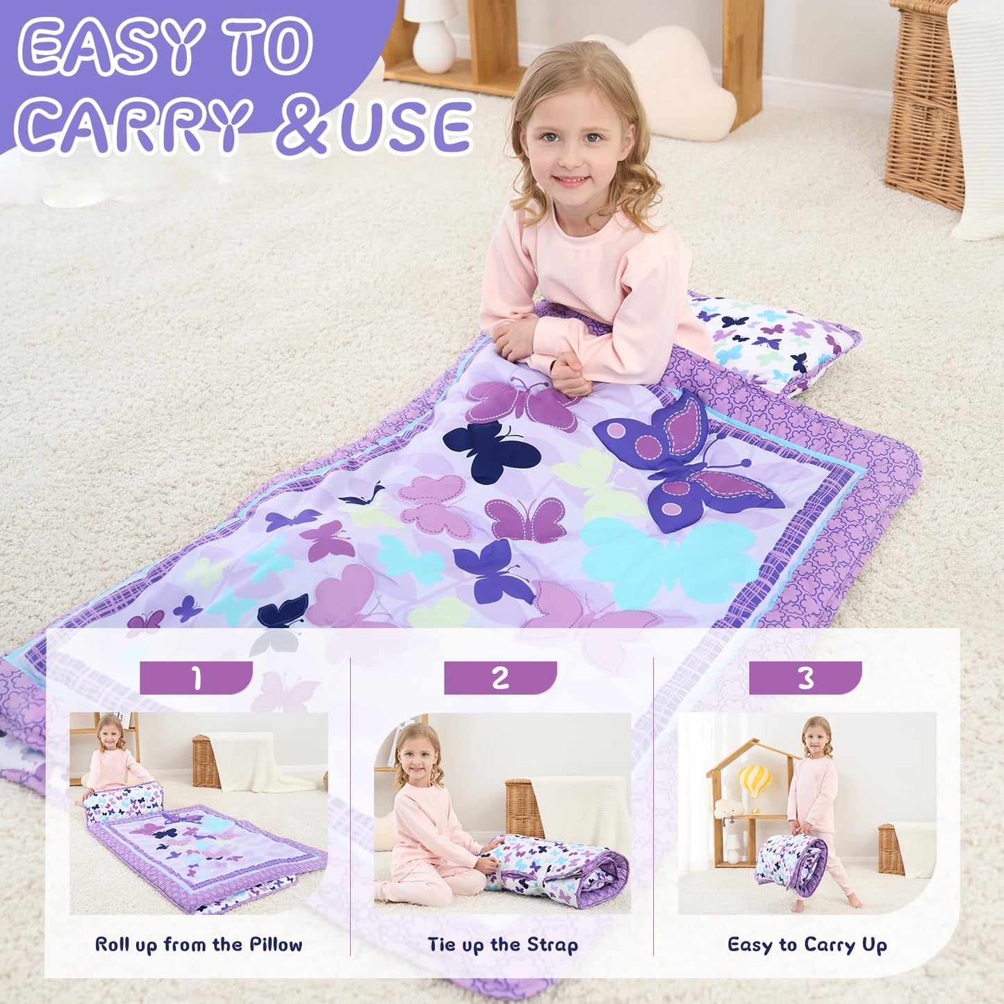 UOMNY Toddler Nap Mat for Girls – Butterfly Purple Nap Mat with Removable Pillow & Blanket, Preschool Daycare 53x21 Inch