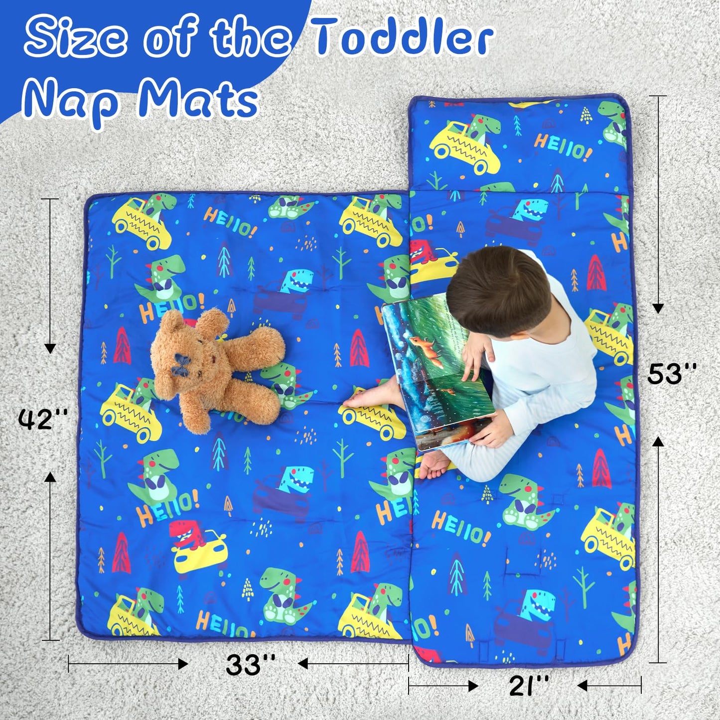 UOMNY Dinosaur Toddler Nap Mat with Pillow – 53 x 22 in for Preschool & Daycare