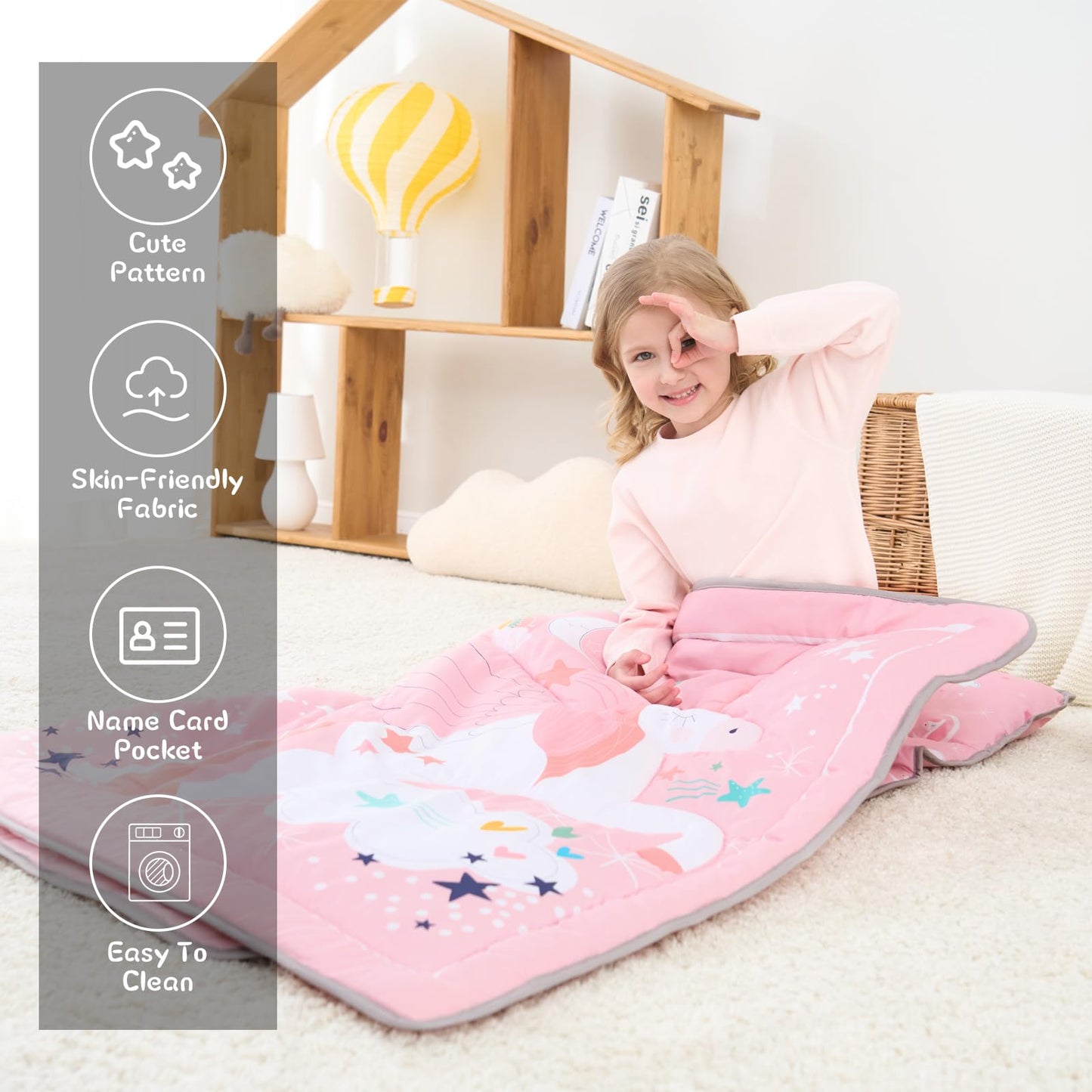 UOMNY Toddler Nap Mat – Unicorn Pink Nap Sack with Removable Pillow, 53x21 in, Plush Kids Preschool Sleeping Bag for Daycare