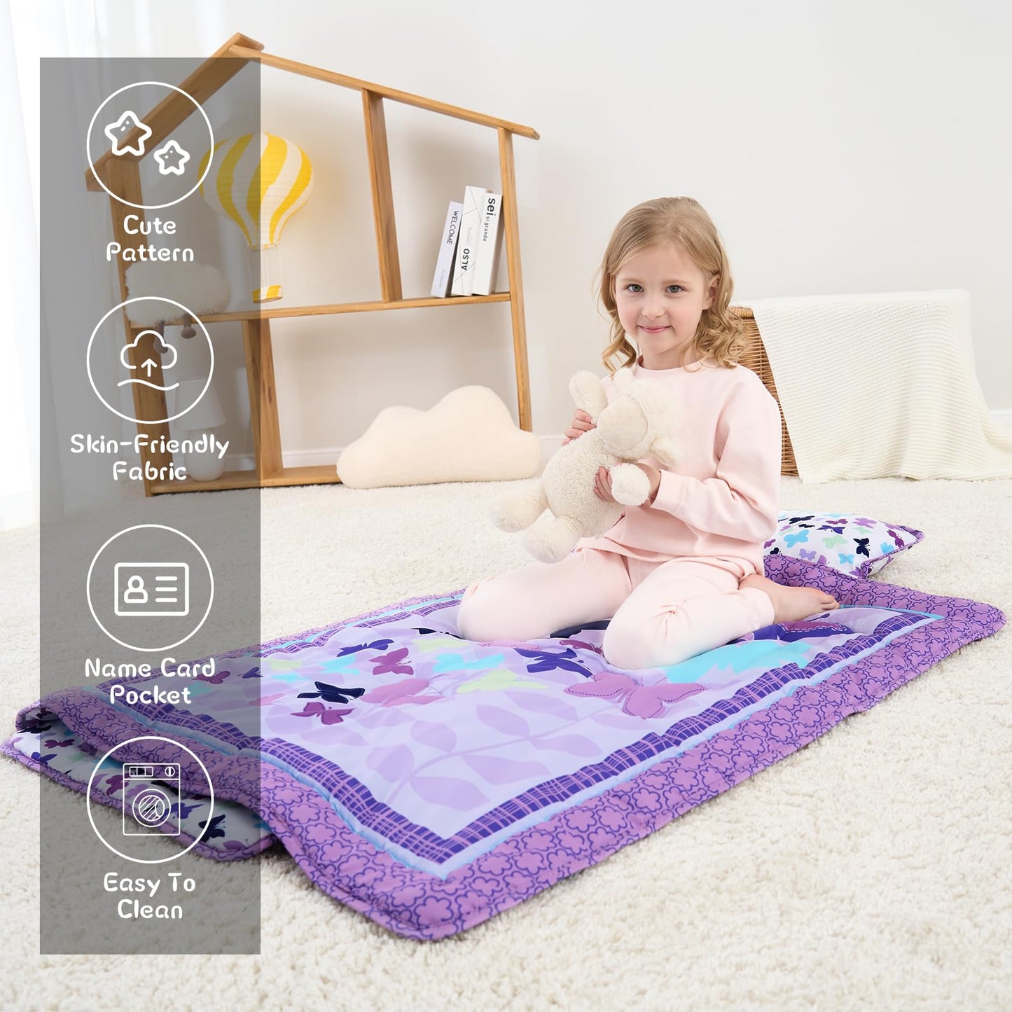 UOMNY Toddler Nap Mat for Girls – Butterfly Purple Nap Mat with Removable Pillow & Blanket, Preschool Daycare 53x21 Inch