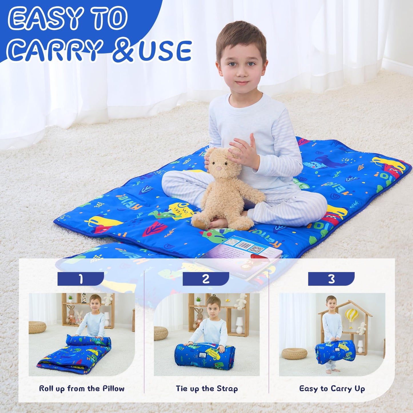 UOMNY Dinosaur Toddler Nap Mat with Pillow – 53 x 22 in for Preschool & Daycare