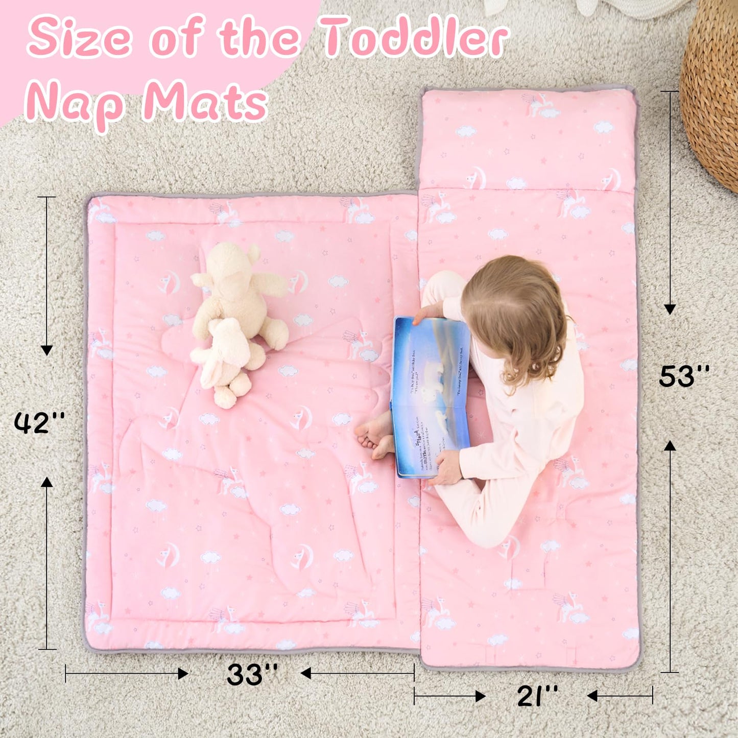 UOMNY Toddler Nap Mat – Unicorn Pink Nap Sack with Removable Pillow, 53x21 in, Plush Kids Preschool Sleeping Bag for Daycare