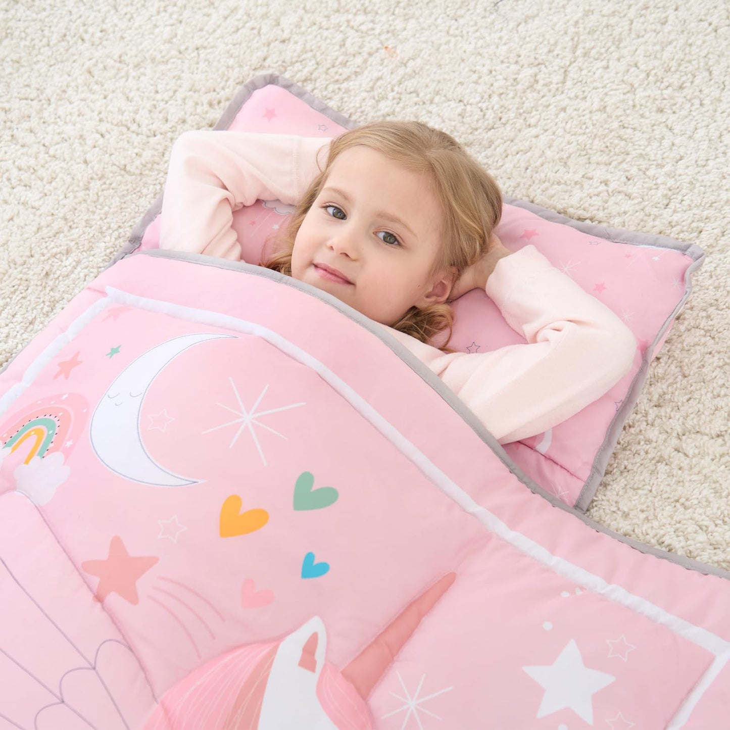UOMNY Toddler Nap Mat – Unicorn Pink Nap Sack with Removable Pillow, 53x21 in, Plush Kids Preschool Sleeping Bag for Daycare