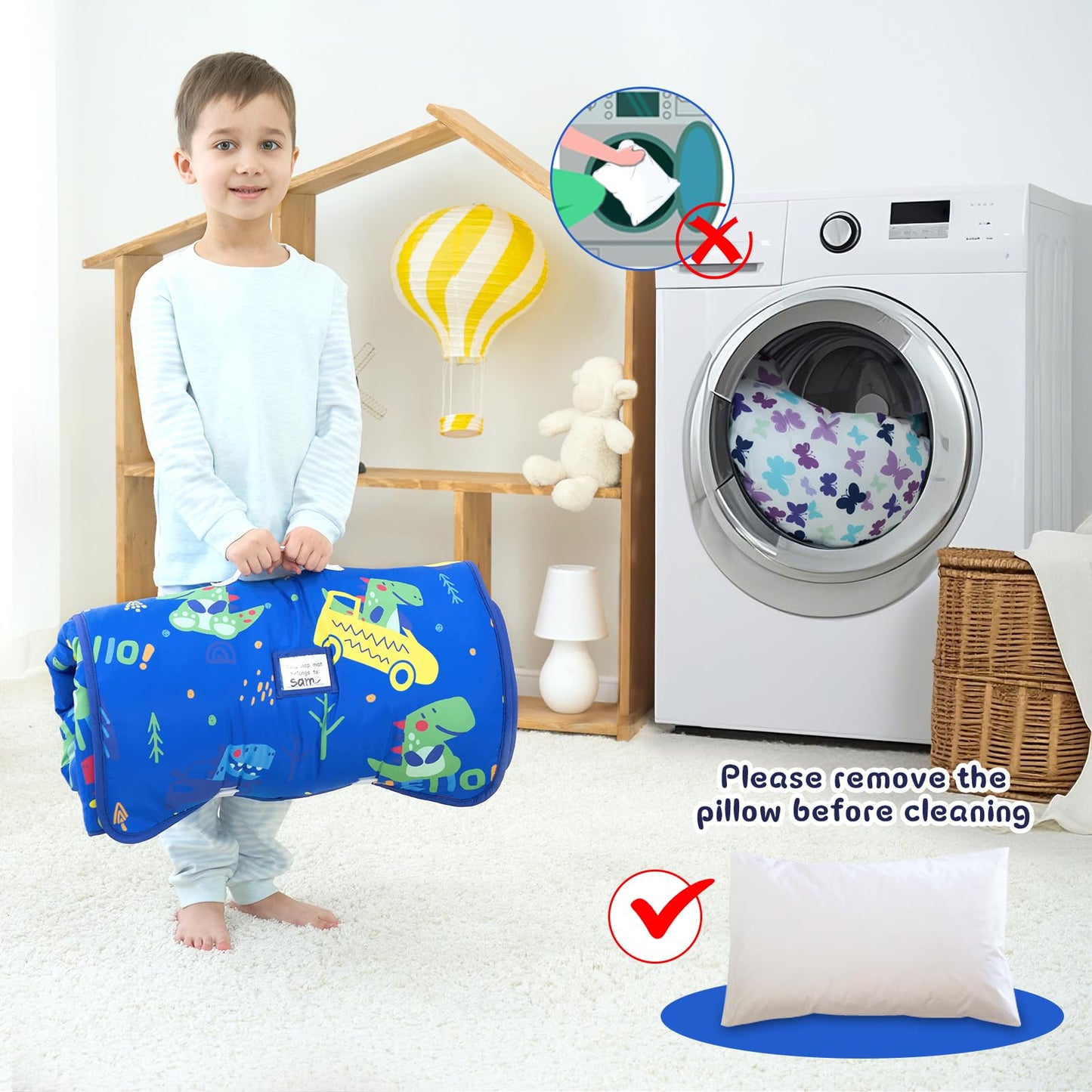 UOMNY Dinosaur Toddler Nap Mat with Pillow – 53 x 22 in for Preschool & Daycare