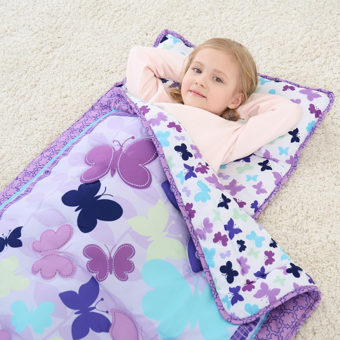 UOMNY Toddler Nap Mat for Girls – Butterfly Purple Nap Mat with Removable Pillow & Blanket, Preschool Daycare 53x21 Inch