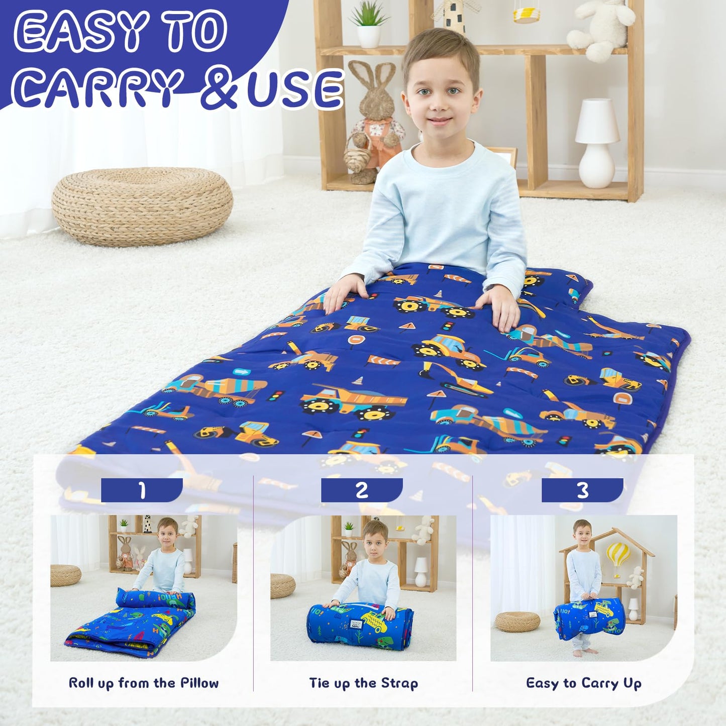 UOMNY Toddler Nap Mat Blue Excavator with Removable Pillow & Blanket | 53x20 in