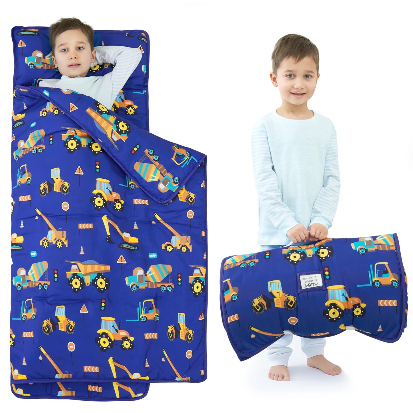 UOMNY Toddler Nap Mat Blue Excavator with Removable Pillow & Blanket | 53x20 in