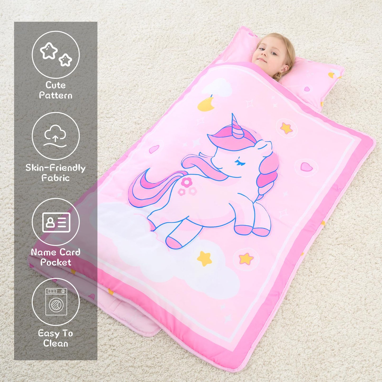 UOMNY Toddler Nap Mat - 53x20 in Cozy Sleeping Bag with Removable Pillow for Daycare & Preschool