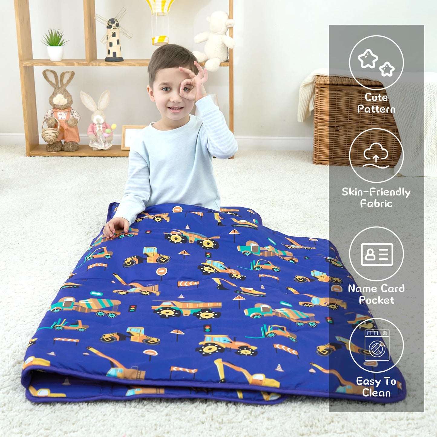 UOMNY Toddler Nap Mat Blue Excavator with Removable Pillow & Blanket | 53x20 in