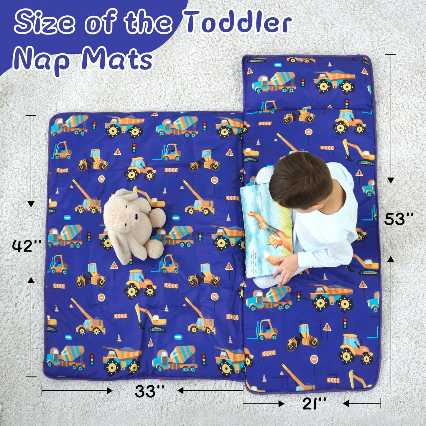 UOMNY Toddler Nap Mat Blue Excavator with Removable Pillow & Blanket | 53x20 in