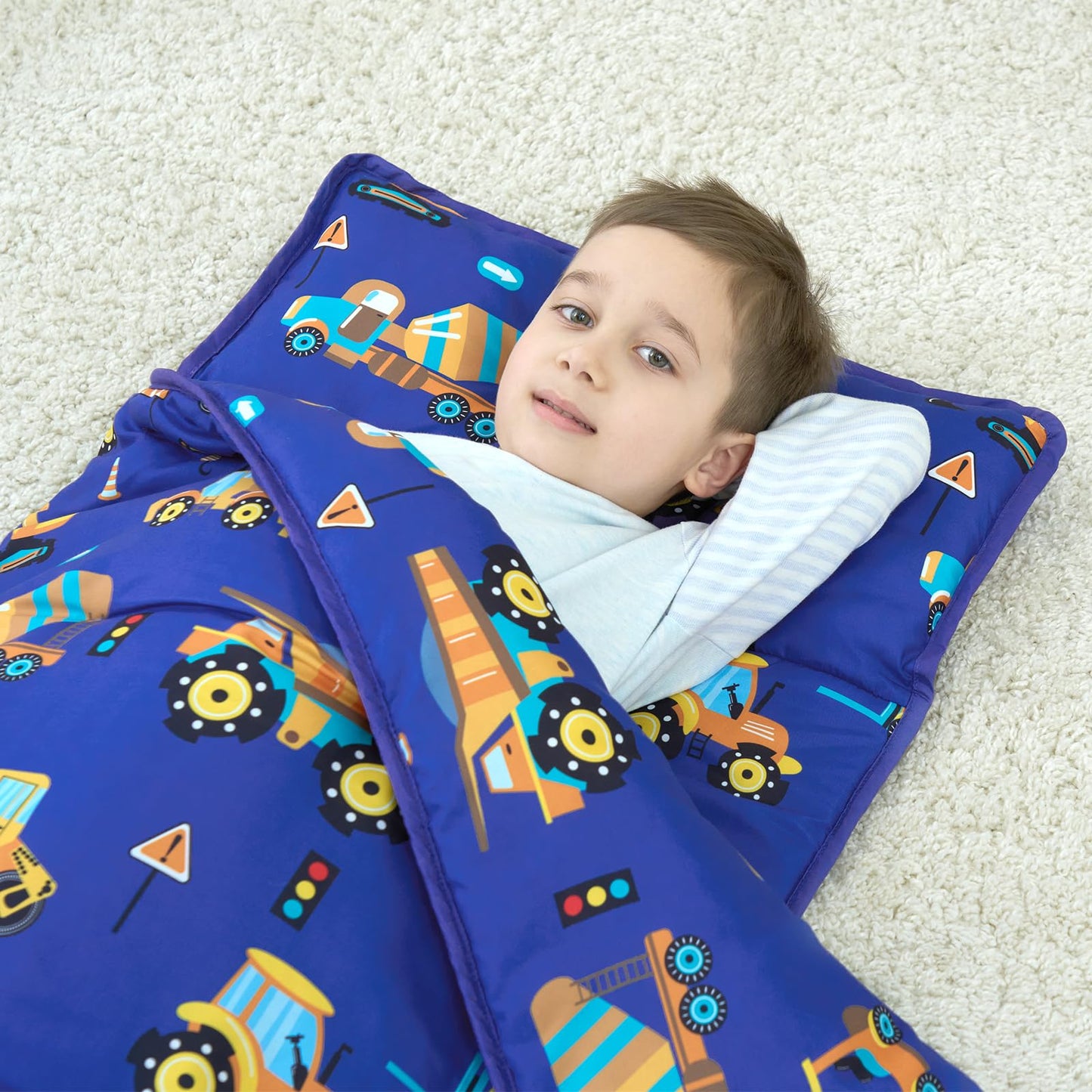 UOMNY Toddler Nap Mat Blue Excavator with Removable Pillow & Blanket | 53x20 in