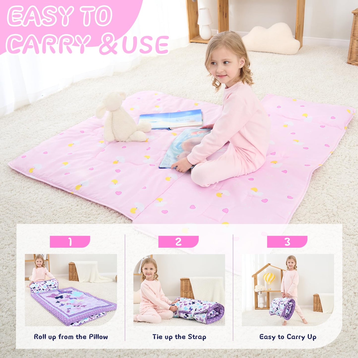 UOMNY Toddler Nap Mat - 53x20 in Cozy Sleeping Bag with Removable Pillow for Daycare & Preschool