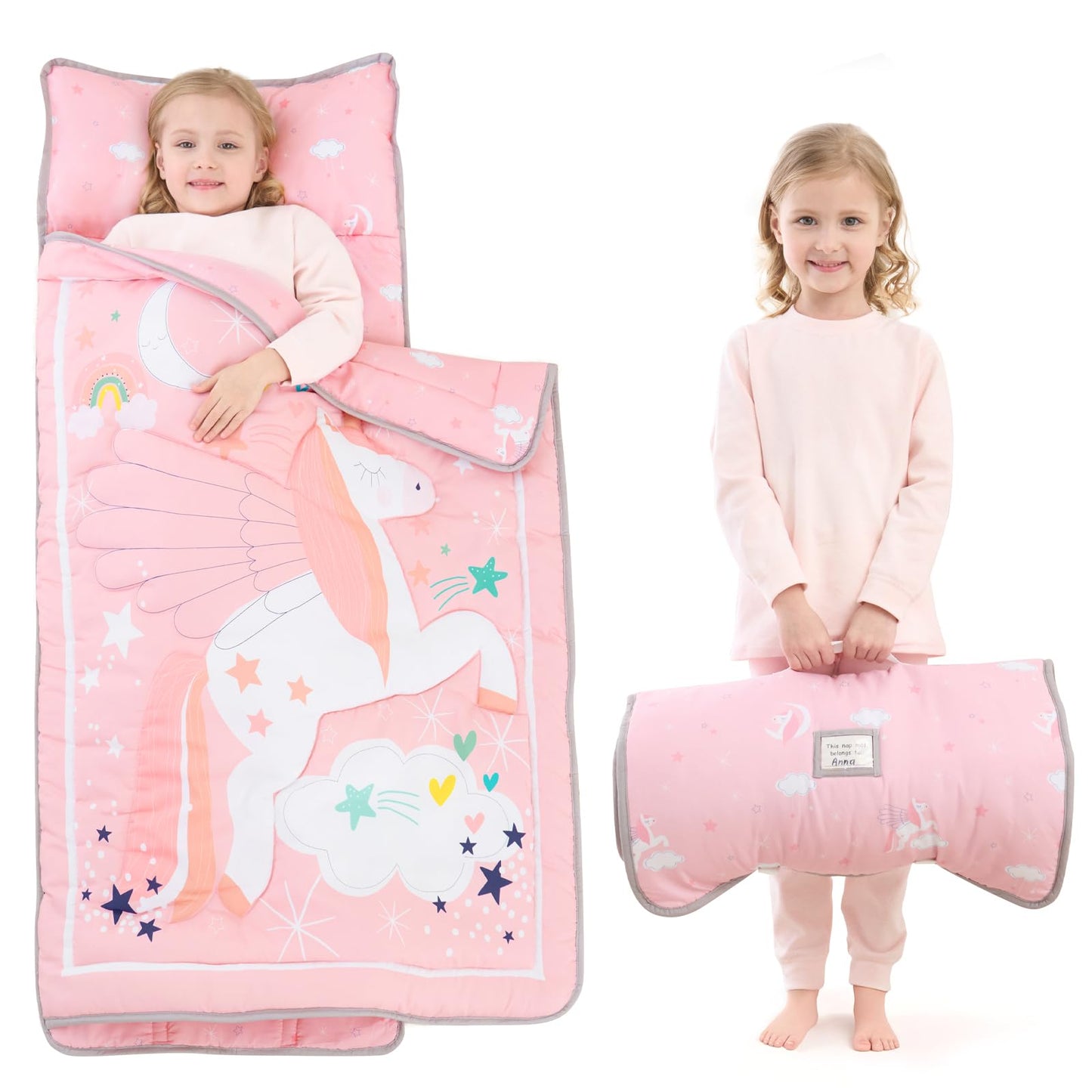 UOMNY Toddler Nap Mat – Unicorn Pink Nap Sack with Removable Pillow, 53x21 in, Plush Kids Preschool Sleeping Bag for Daycare