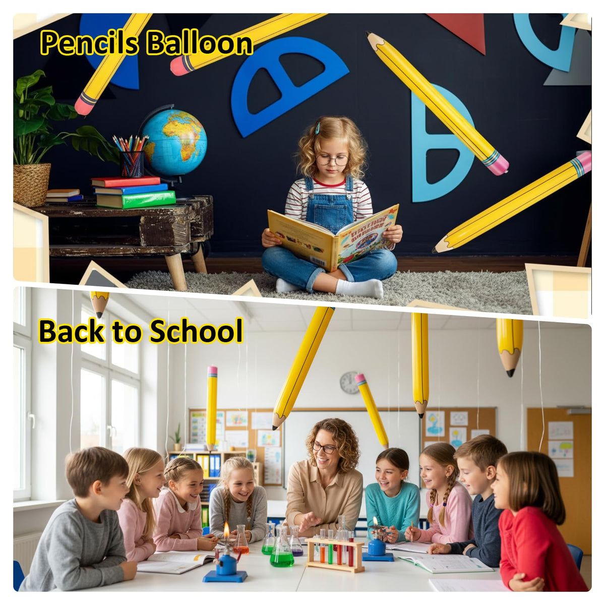 UooEA 2Pcs 43 Inch Inflatable Pencil Balloon - Giant Yellow Crayons for Classroom & Party