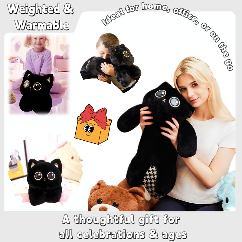 uoozii 20-inch Black Cat Weighted Plush — 4 lb Microwaveable Heating Pad