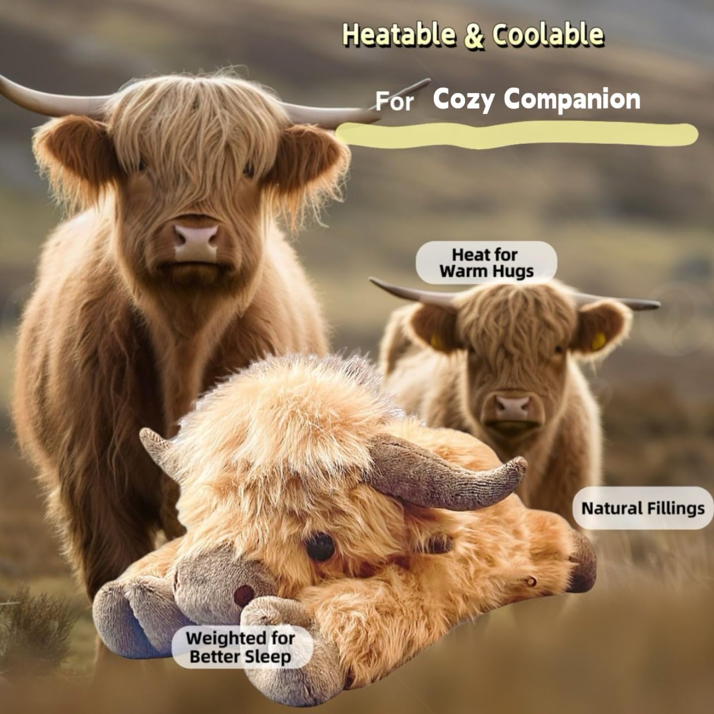 uoozii 20in Highland Cow Weighted Plush with Heating Pad – 4 lb