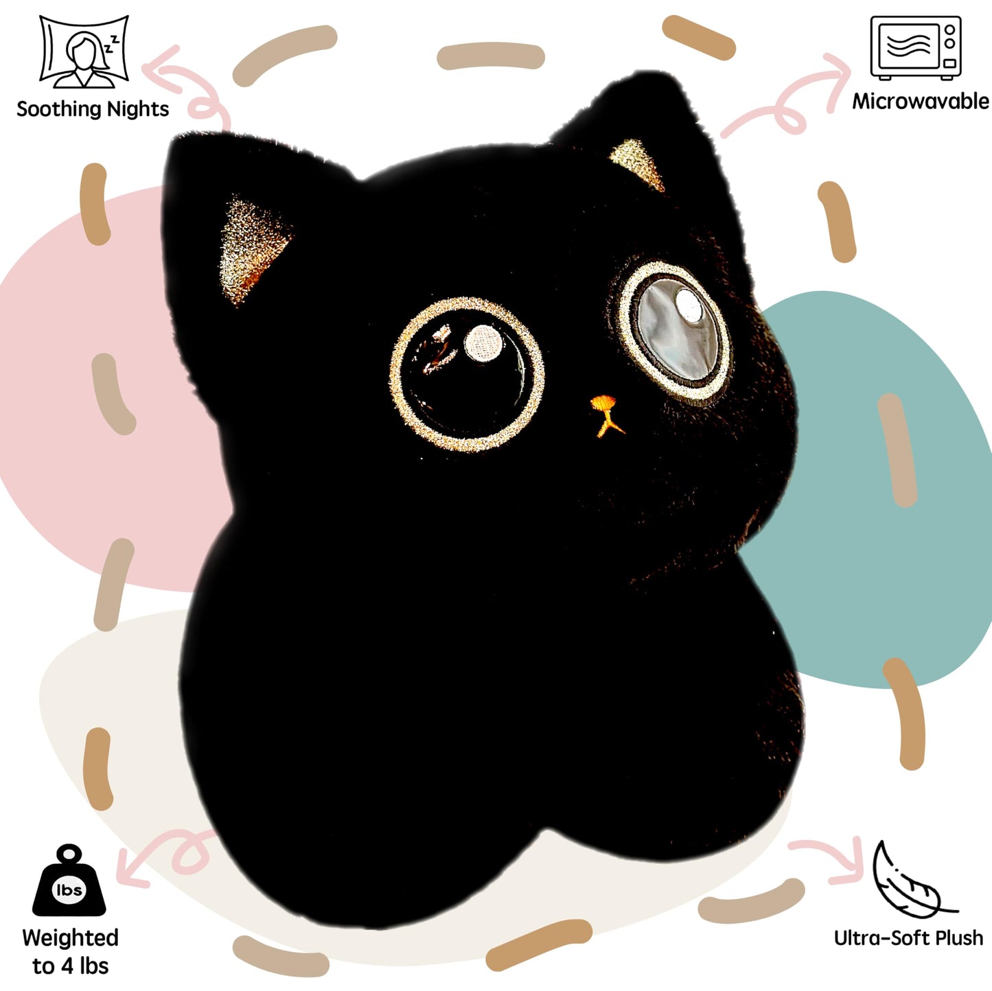 uoozii 20-inch Black Cat Weighted Plush — 4 lb Microwaveable Heating Pad