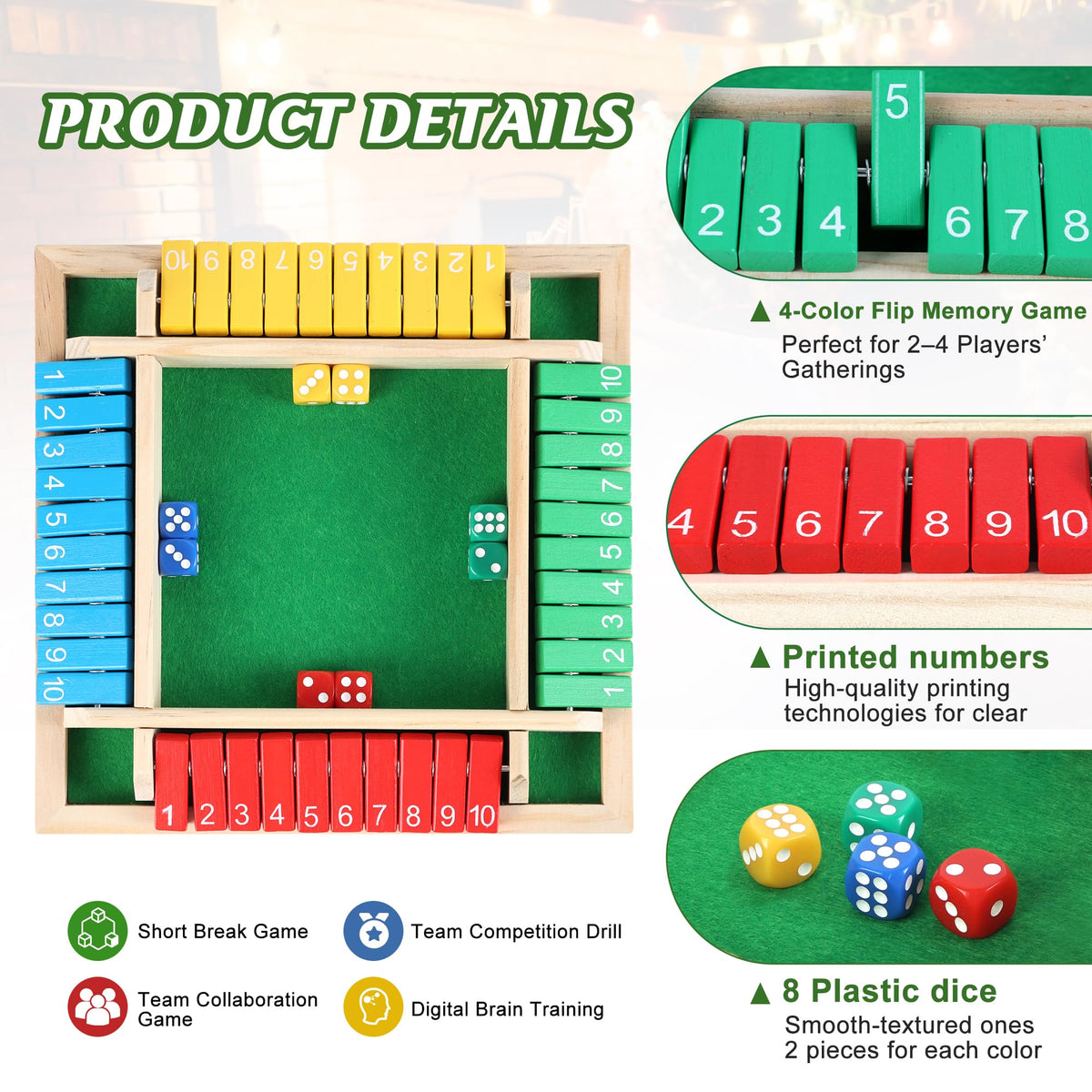 Uowivi Shut The Box Game – Colorful Quadrilateral Edition, Math Dice for 2-4 Players