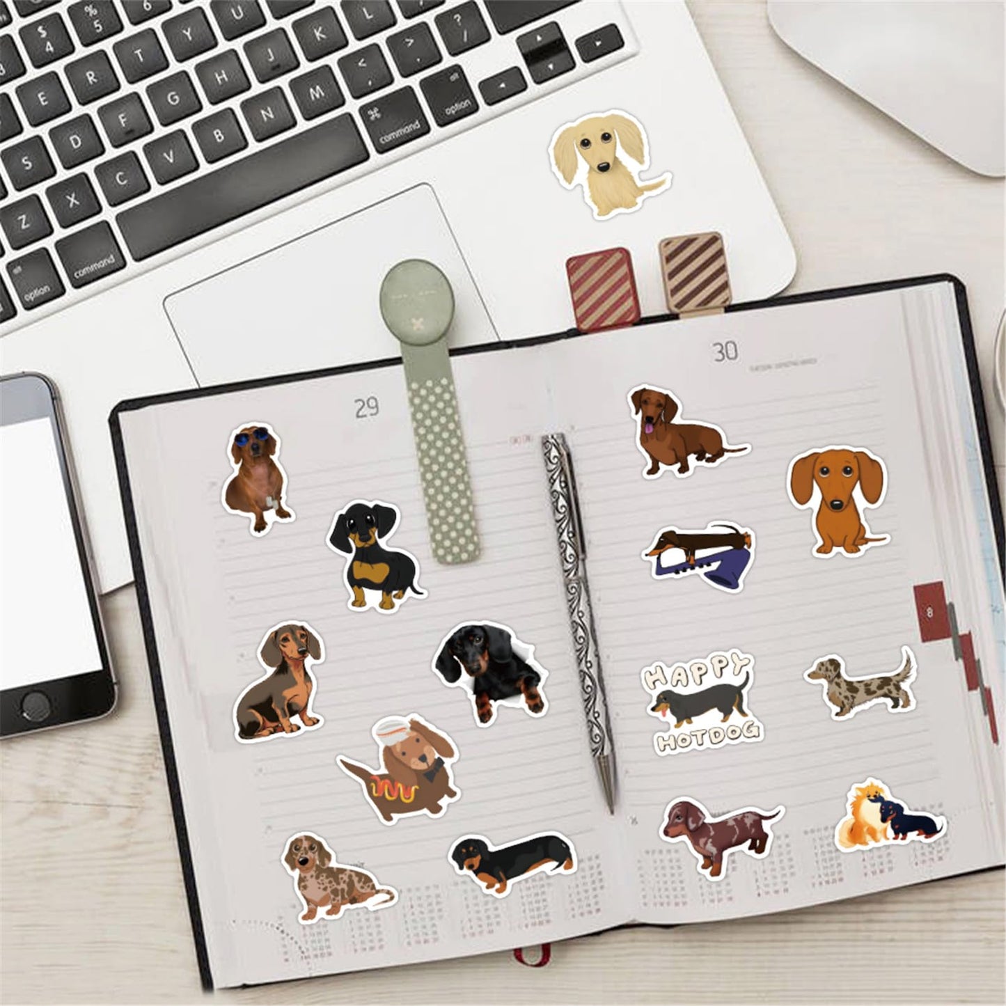 UoYYelly 60 Pcs Kawaii Dachshund Stickers Pack – Waterproof Vinyl Decals for Water Bottles, Laptops, Skateboards
