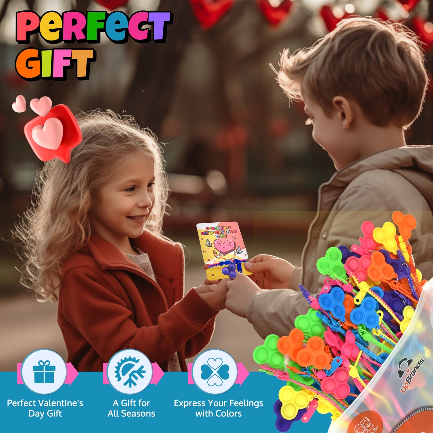 UpBrands 48-Pack Valentine's Day Cards with Pop-It Zipper Bracelets | Sensory Classroom Gifts