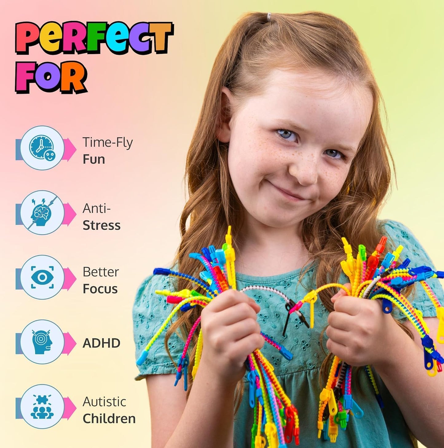 UpBrands 144-Pack Fidget Zipper Bracelets – Neon Colors for Parties and Classrooms