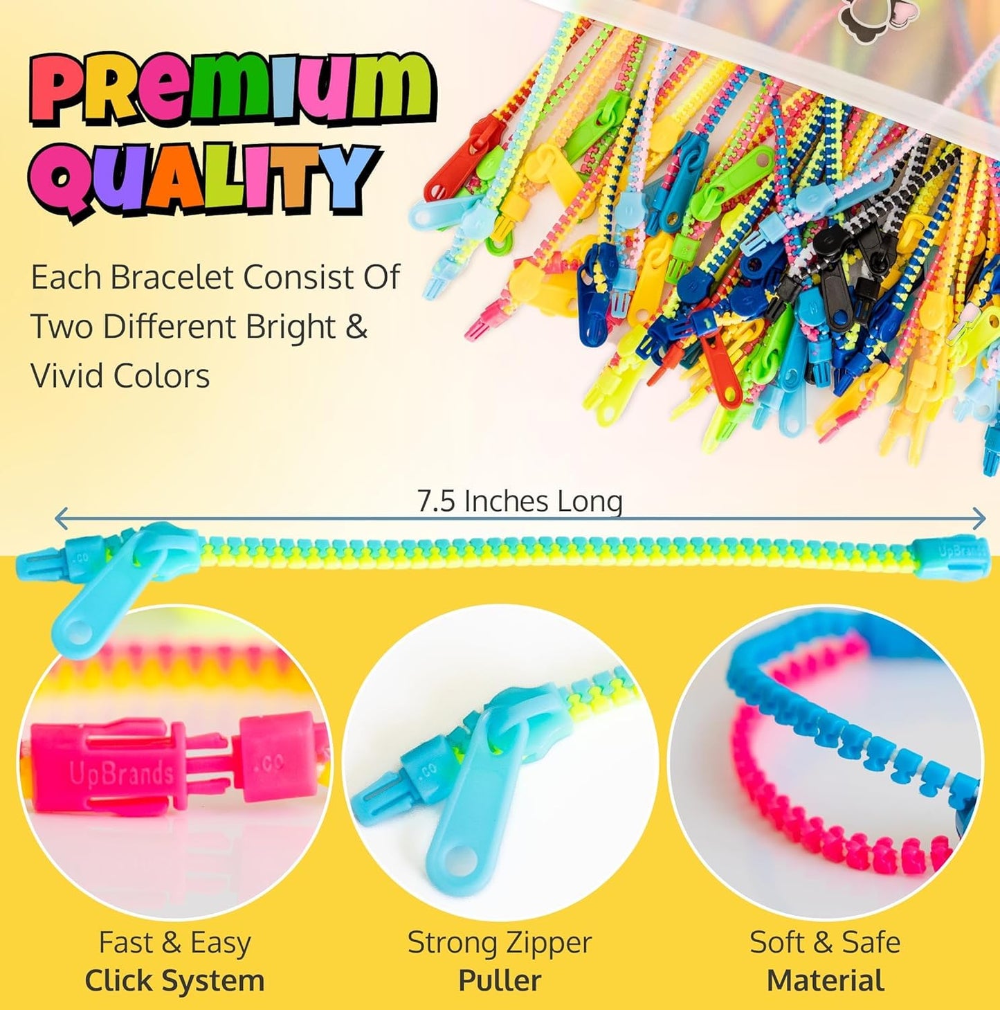 UpBrands 144-Pack Fidget Zipper Bracelets – Neon Colors for Parties and Classrooms