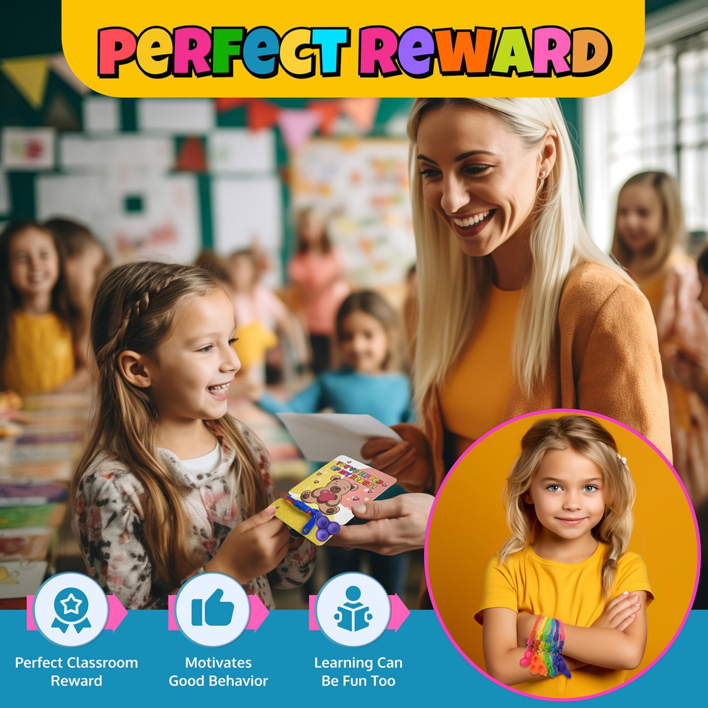 UpBrands 48-Pack Valentine's Day Cards with Pop-It Zipper Bracelets | Sensory Classroom Gifts