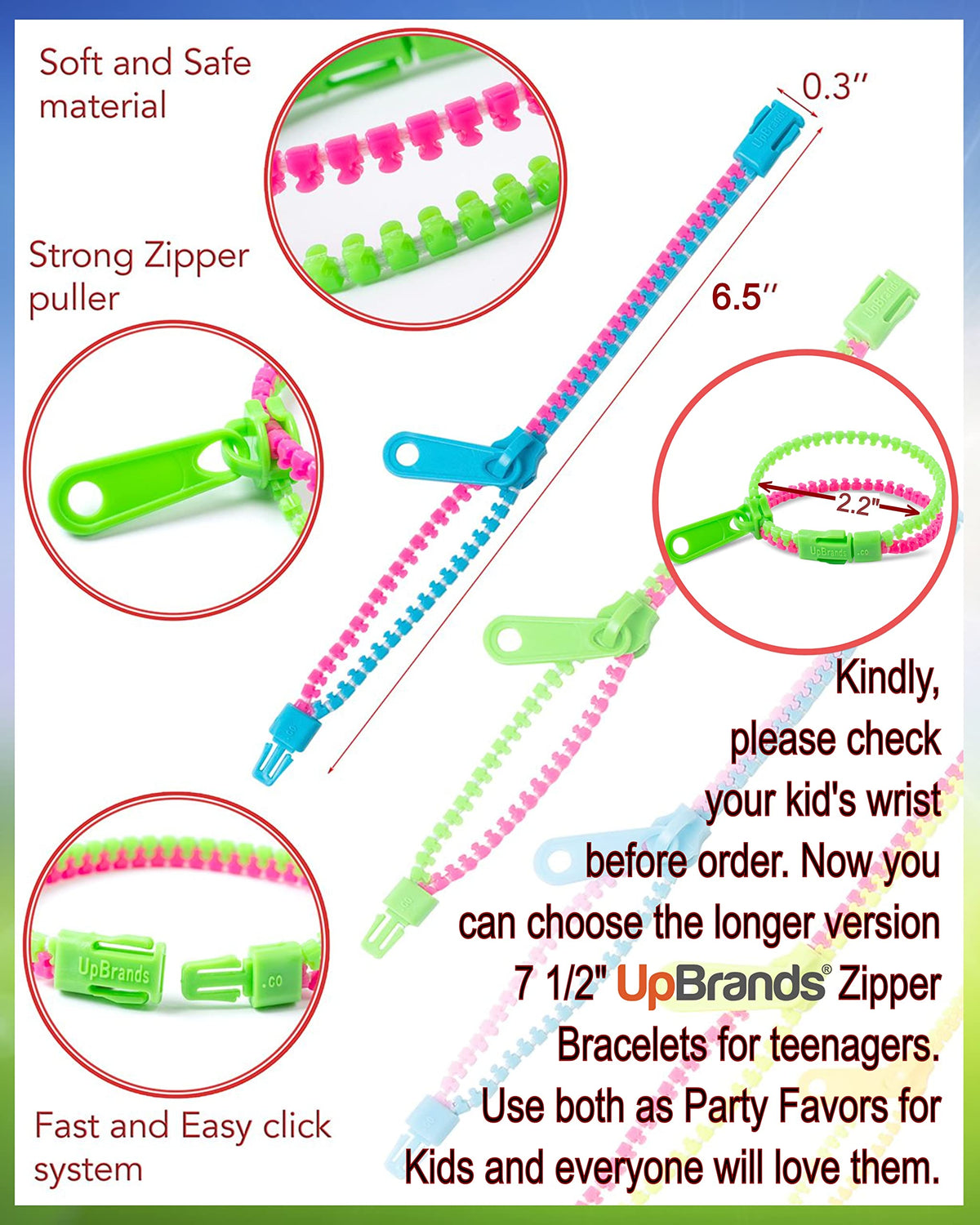 UpBrands 24 Pack Fidget Zipper Bracelets | 6.5-Inch Sensory Toys for Kids