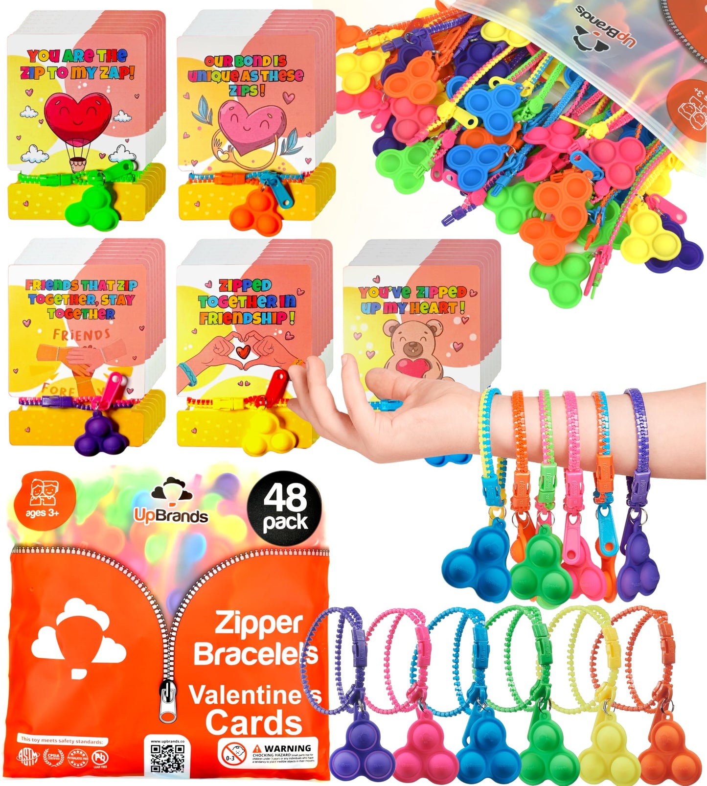 UpBrands 48-Pack Valentine's Day Cards with Pop-It Zipper Bracelets | Sensory Classroom Gifts