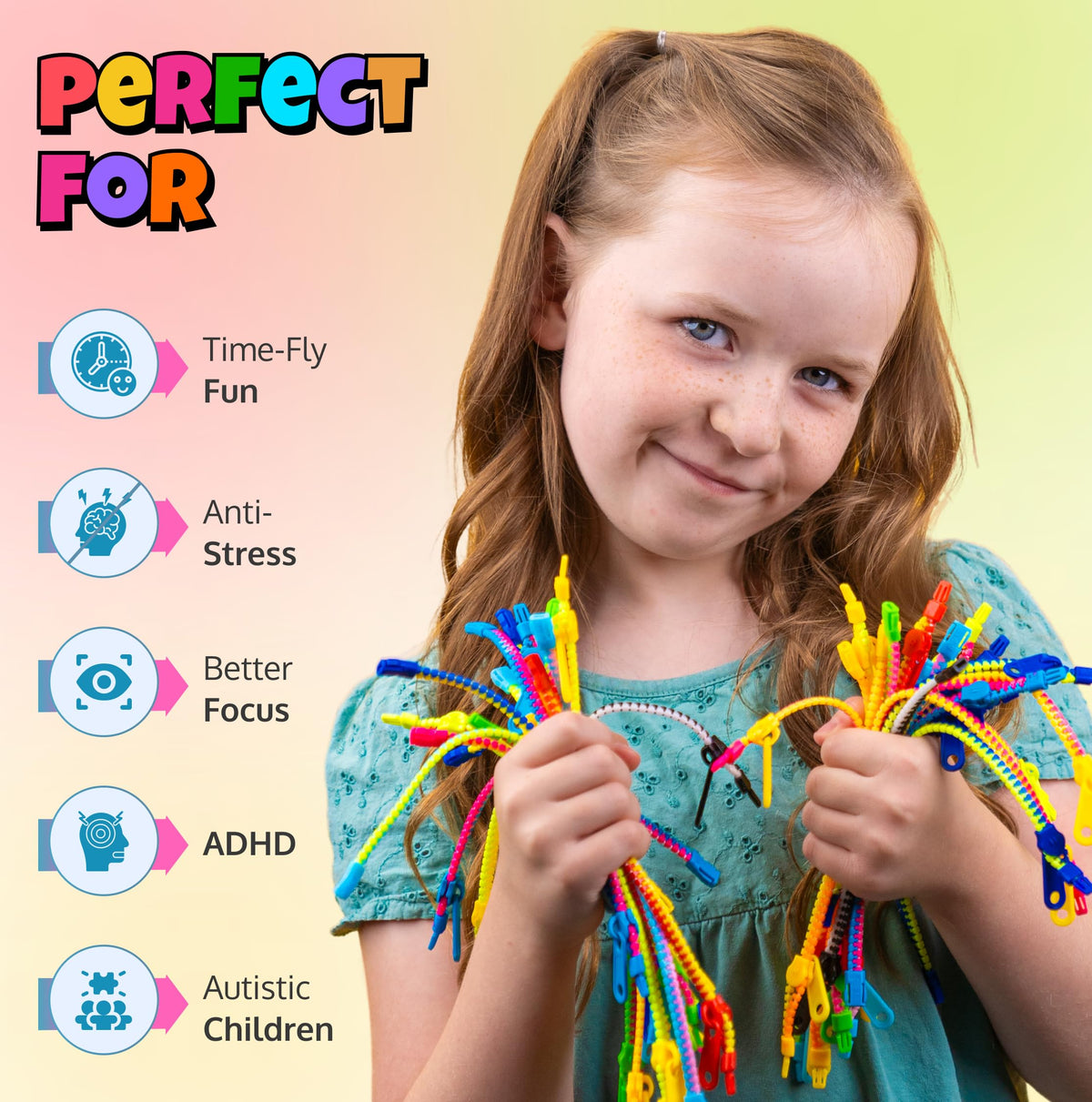 UpBrands 24 Pack Fidget Zipper Bracelets | 6.5-Inch Sensory Toys for Kids
