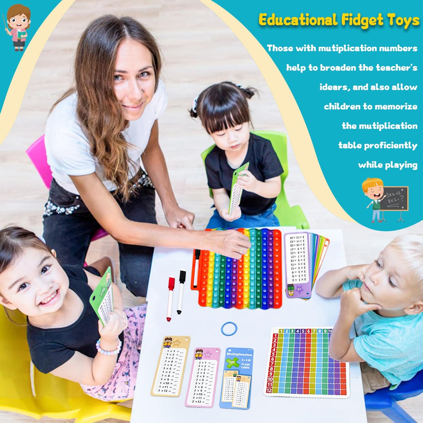 UPDOPEF Multiplication Flash Cards + Fingertip Bubbles Toy – Fun Math Games for Kids 3+