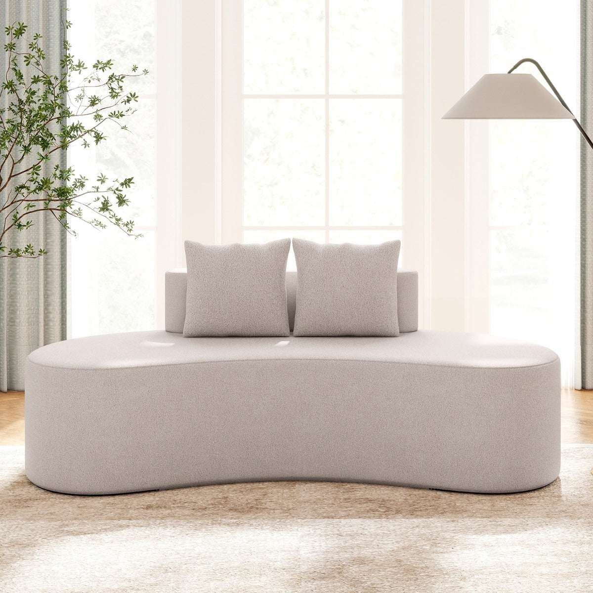Upholstered Curved Sofa with 2 Cozy Pillows and Low Backrest-Beige