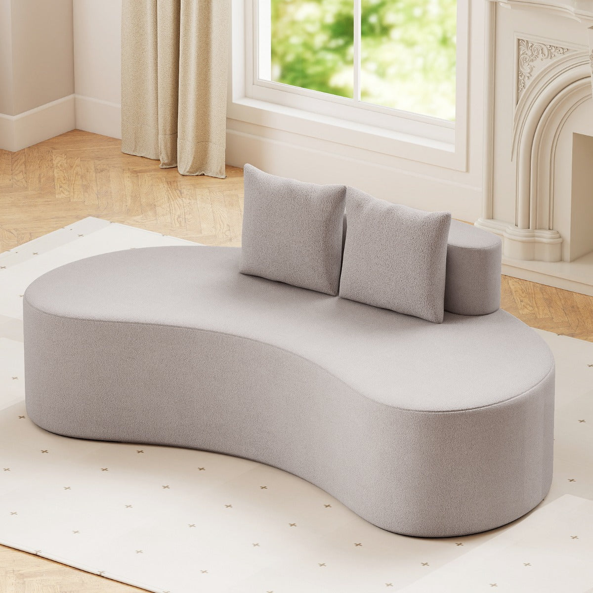 Upholstered Curved Sofa with 2 Cozy Pillows and Low Backrest-Beige