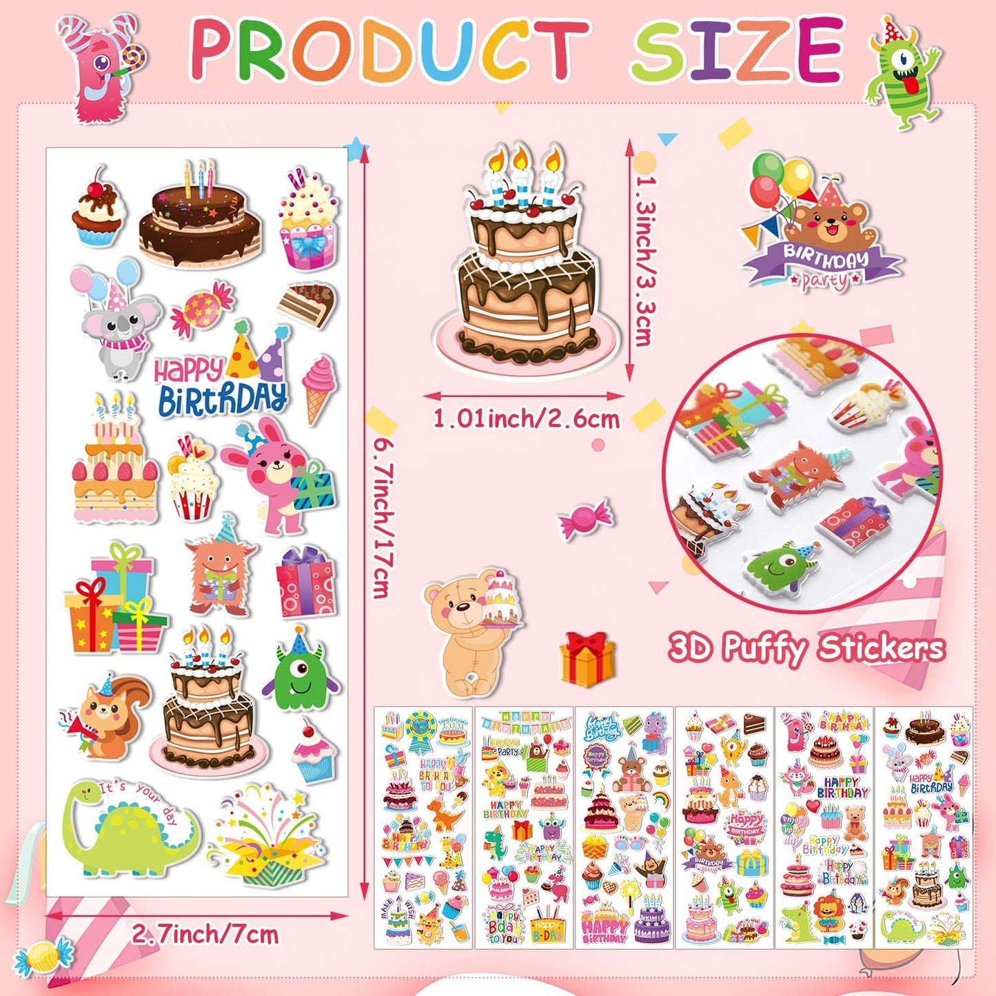 UPINS 12 Sheets Happy Birthday Stickers for Kids — 3D Puffy Foam Decals