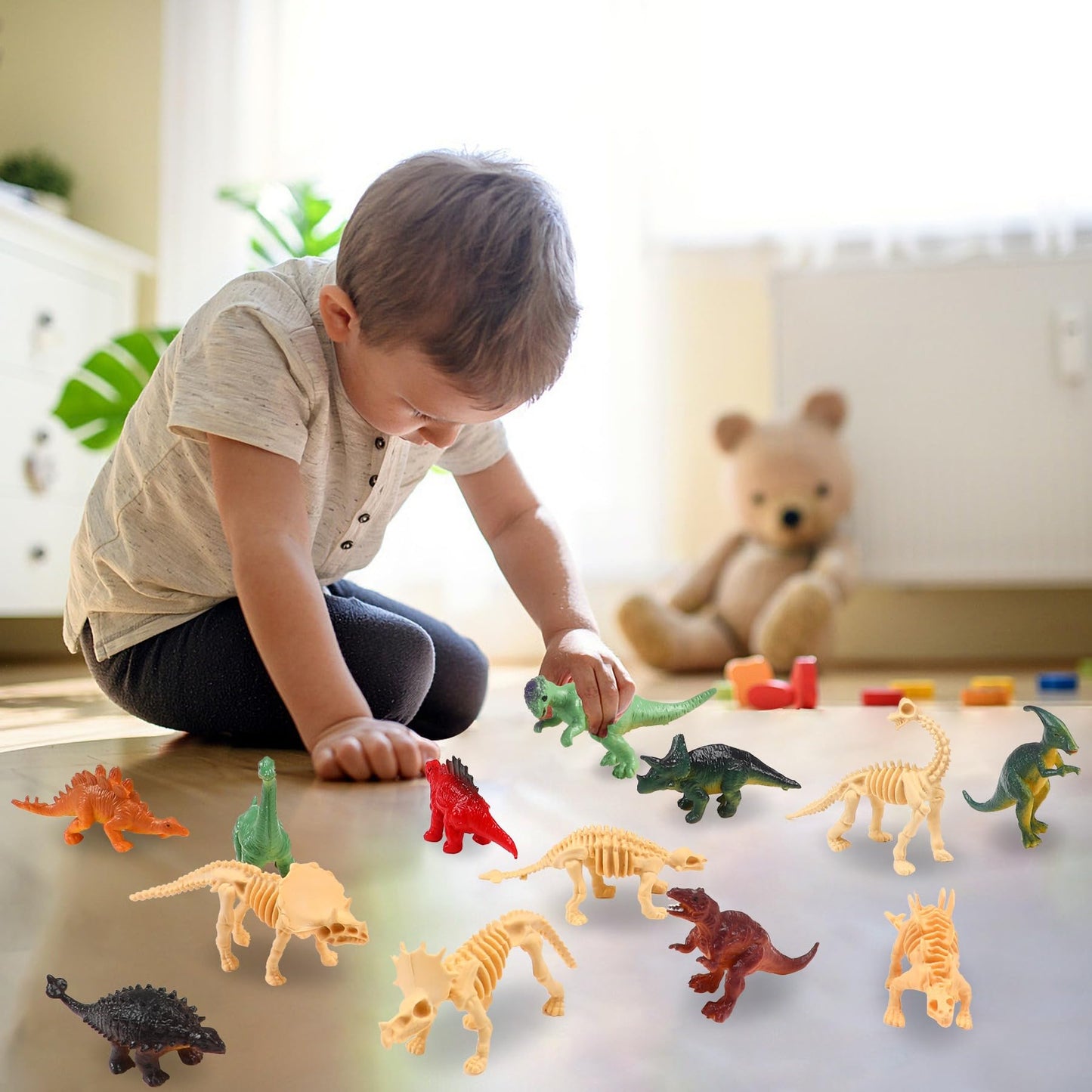 UPINS 24pcs Mini Dinosaur Figures & Skeletons – Educational Dino Set with Storage Box
