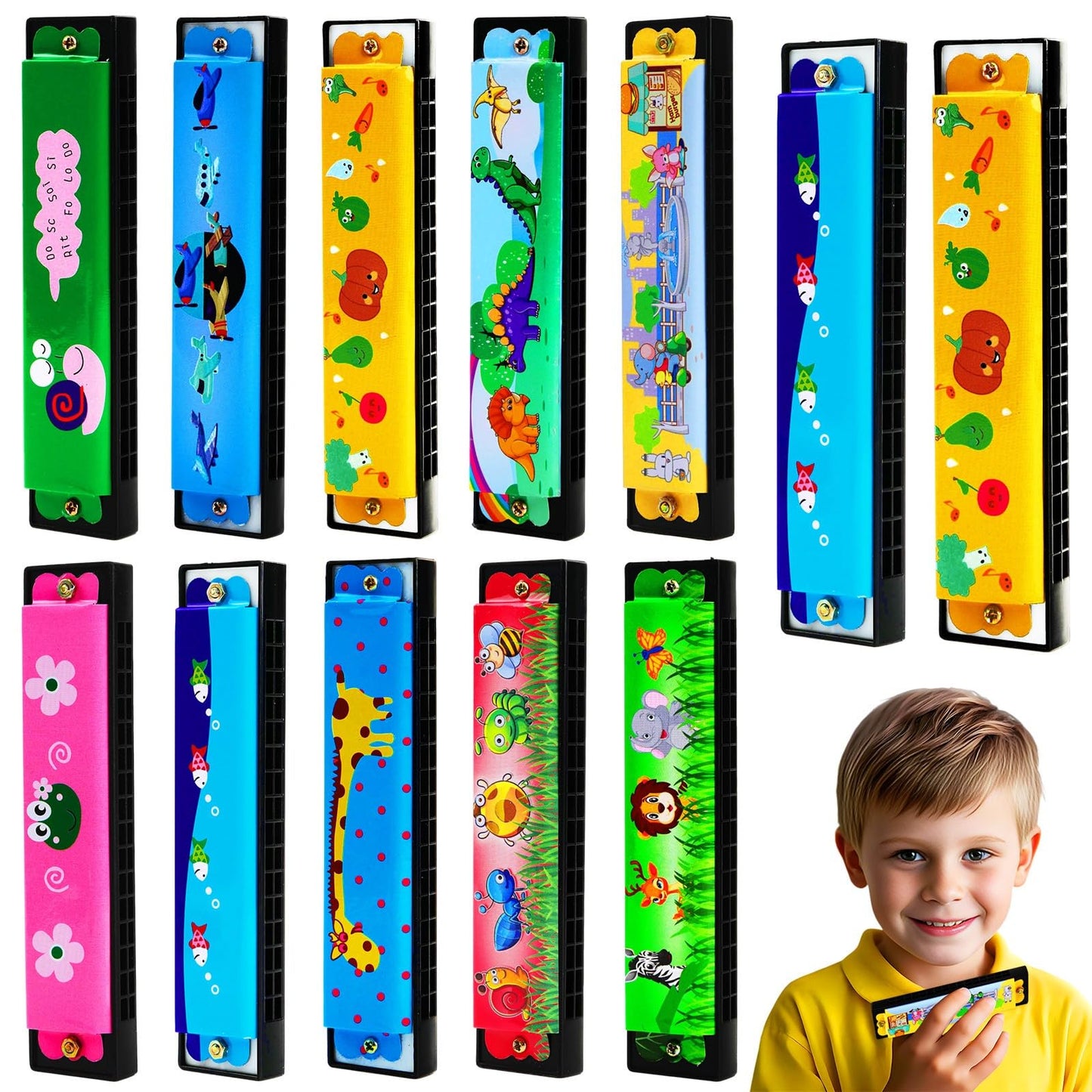 UPINS 10Pcs Cartoon 16-Hole Harmonica Set for Beginners | 10 Styles