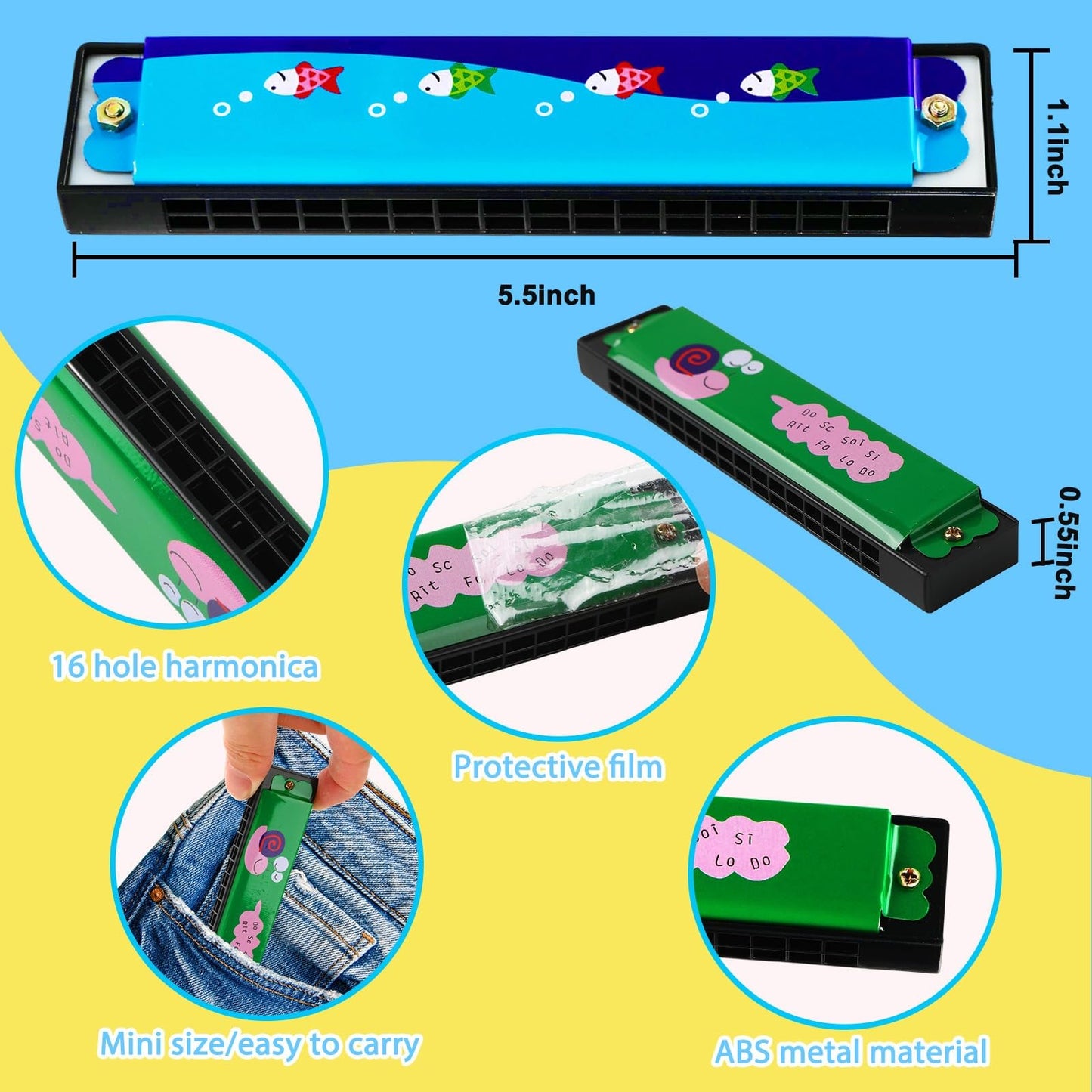 UPINS 10Pcs Cartoon 16-Hole Harmonica Set for Beginners | 10 Styles